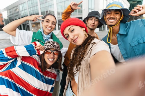 Preview: Modern trendy friends taking selfie pic with cell mobile phone app