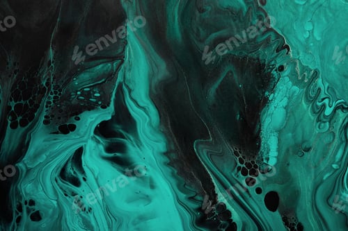 Preview: Fluid Art. Green abstract wave swirls on black background. Marble effect background or texture