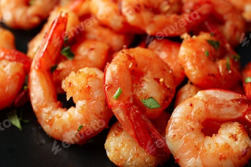 Preview: Delicious cooked shrimps on plate, close up