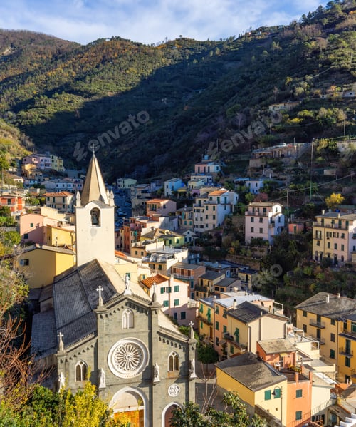 Preview: Sunlit Church and Colorful Hilltop Houses in Cinque Terre Village, Italy