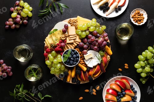 Preview: Autumn cheese board with fresh fruits and berries served with white wine, top view