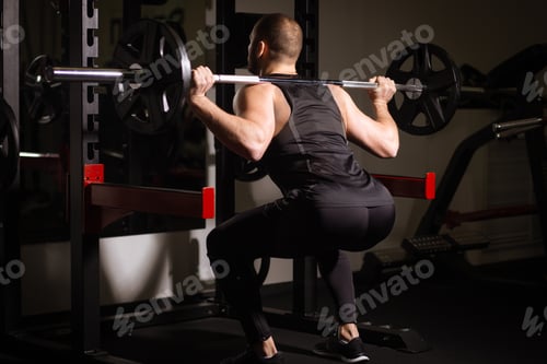 Preview: Sporty sexy men with great abdominal muscles in black sportswear working out in the gym.