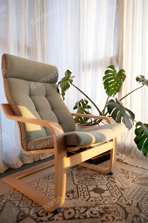 Preview: Cozy armchair and potted exotic plant placed near window daylight