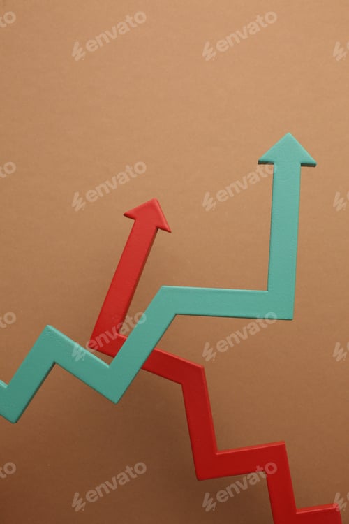 Preview: Multicoloured arrows pointing up and down. Symbolise growth progress, success in business finance