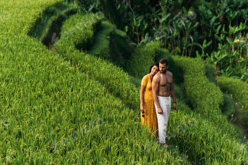Preview: A man and a woman among the rice terraces. A couple in love travels through Asia