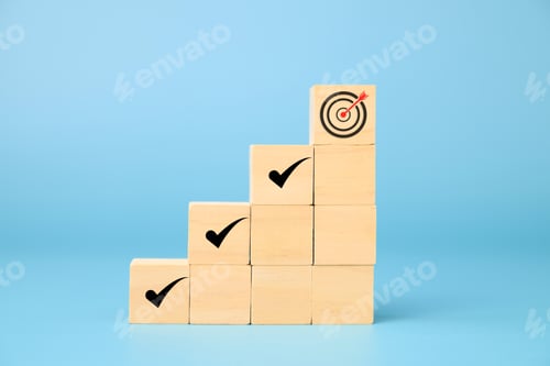 Preview: Wooden block of target board with business icons, Business strategy planning management, Progress of