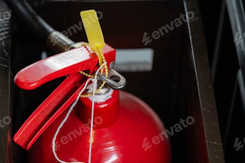Preview: Red fire extinguisher with safety seal in compartment