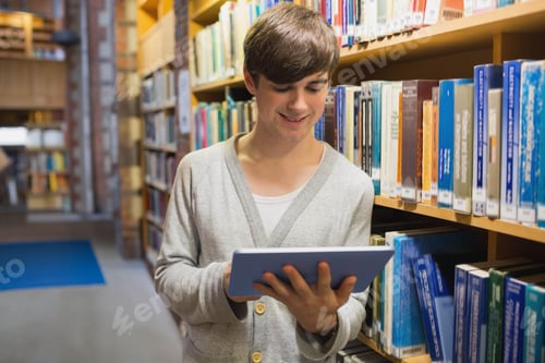 Preview: Male student holding tablet and reading info while standing in library aisle with bookshelves