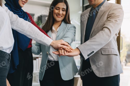 Preview: Business partnership handshake concept.Photo Multiracial team coworkers handshaking process.