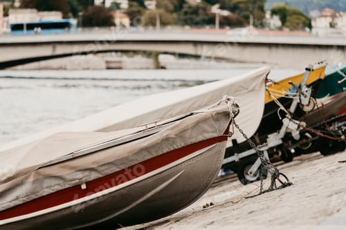 Preview: Small fishing boats with fishing net and equipment, motor boat or sail boat floating