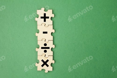 Preview: wooden puzzle with plus, minus, division and multiplication signs.