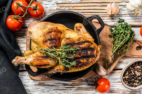 Preview: Baked whole farm chicken with thyme. White background. Top view
