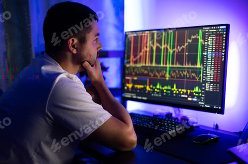 Preview: Stock market, online trading, analysing datum and risks, cryptocurrency concept. Successful male