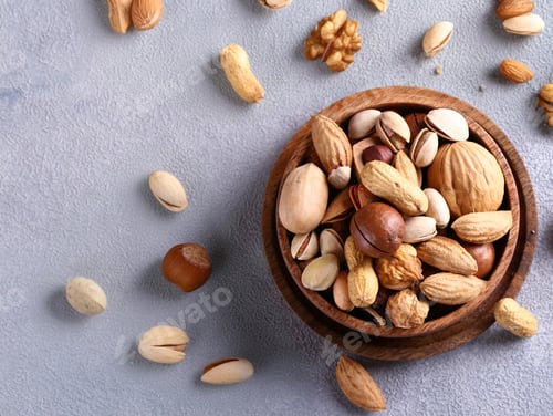 Preview: Wooden Bowl Full of Assorted Healthy Nuts