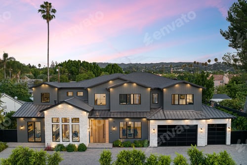 Preview: Modern two-story house with a large garage at sunset.