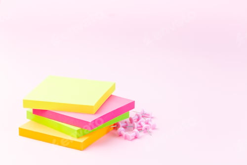 Preview: Empty colorful notes, pins near, stationery on pink background, horizontal, copy space