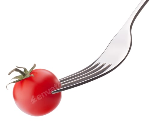 Preview: Cherry tomato on fork isolated on white background cutout. Healthy eating concept.