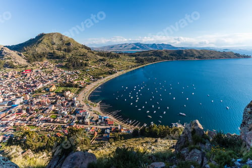 Preview: Aerial shot of the Cerro Calvario in Copacabana Bolivia