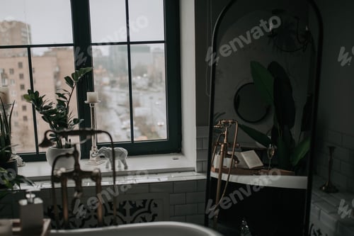 Preview: Luxury interior of eco style modern bathroom with oval bathtub and accessories at natural lighting