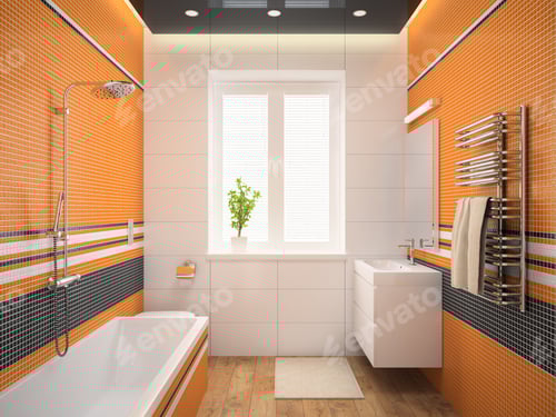 Visualização: Interior do quarto de design moderno com parede laranja, renderização 3D
