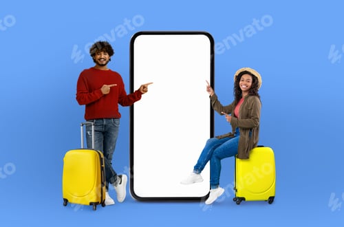 Preview: Casual travelers pointing at large mobile display