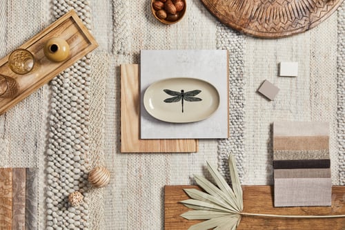 Preview: Flat lay design of creative architect moodboard composition