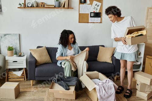 Preview: LGBT Couple Joyfully Upcycling Clothes Together at Home in a Cozy Living Room
