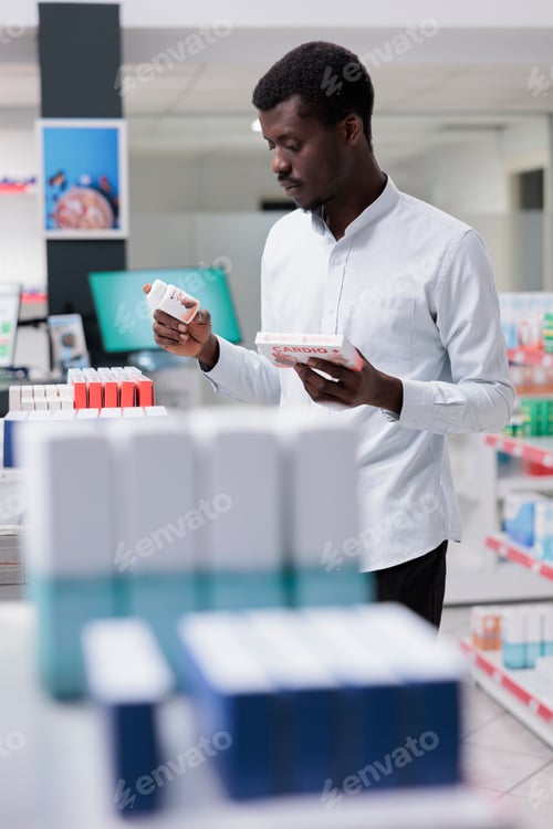 Preview: Young african american taking cardiovascular supplements from drugstore shelf