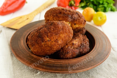 Preview: Meat mini-rolls (cutlet) with boiled egg. Close up