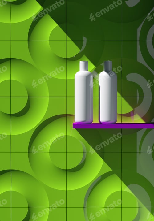 Preview: Cosmetic brand template. Raster packaging. Oil, lotion, shampoo. Bottle mock up set. On the shelf