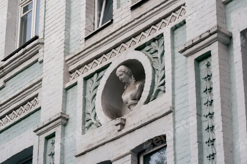 Preview: close-up street ancient houses a old windows and balconies Soviet architecture pastel colors of