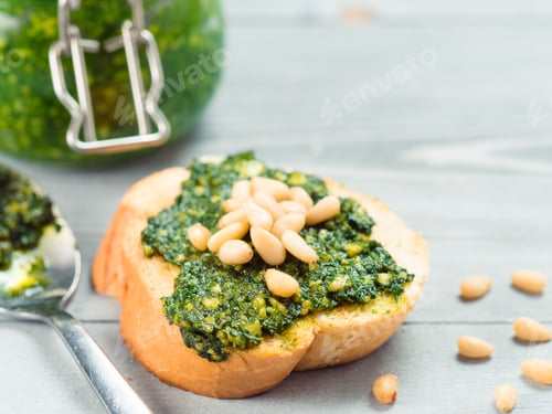 Preview: Pesto Bread with Pine Nuts on Wooden Background
