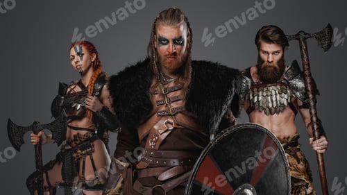 Preview: Fierce viking with fur and armor against gray background