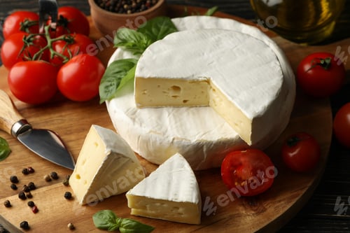 Preview: Concept of tasty eating with camembert and spices on cutting board