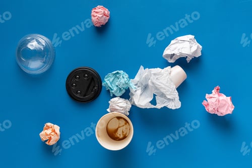 Preview: top view some garbage of plastic and paper material, recycle to save environment