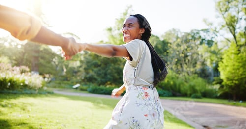 Preview: Holding hands, spring and love with black couple in nature for romance, honeymoon date and bonding