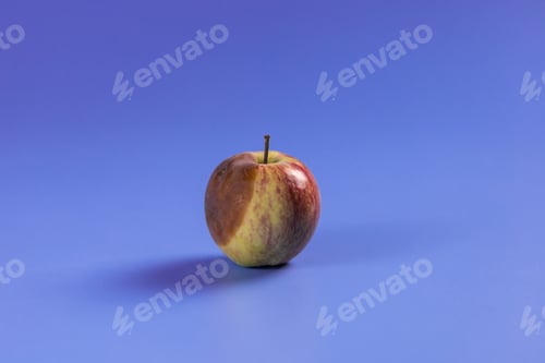 Preview: Rotten apple on violet background - mold growth and food spoilage concept. Copy space and place for