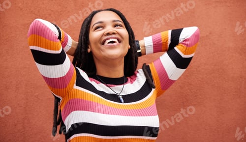 Preview: Wall, black woman and thinking with smile, relax and carefree with wonder, fantasy and future. Ghan