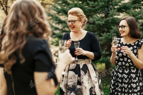 Preview: group of luxury elegant women celebrating with champagne