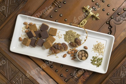 Vorschau: Aufnahme von oben auf verschiedene Arten von Muttern und quadratischen Muttern auf einer dekorativen Holzoberfläche