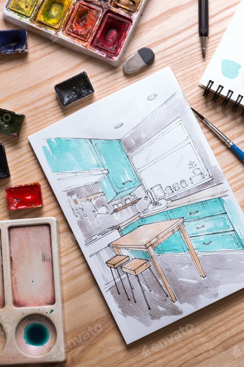 Preview: designer makes a sketch of the kitchen interier