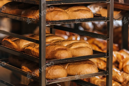 Preview: close up view of freshly baked bakery in hypermarket