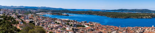 Preview: Panorama, wide shot of the Sibenik, Croatia. Aerial view of the Sibenik old city and adriatic sea
