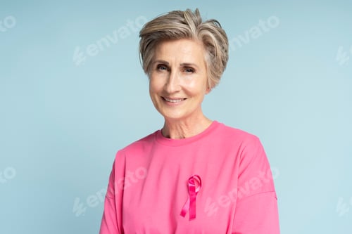Preview: Senior woman wearing with pink ribbon isolated on blue background. Breast cancer awareness
