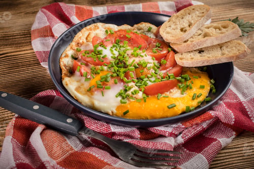 Preview: Homemade breakfast fried egg with tomato.