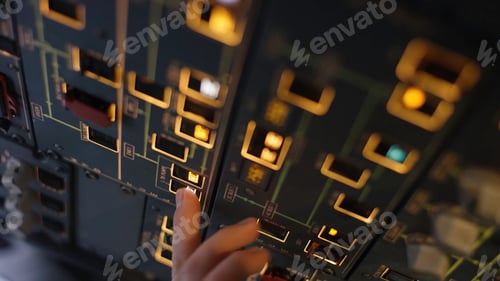 Preview: Autopilot control element of an airliner. Panel of switches on an aircraft flight deck. Thrust