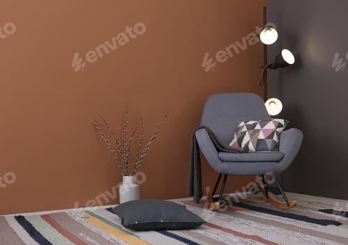 Preview: Modern living room interior with comfortable rocking chair and beautiful carpet