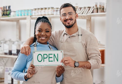 Preview: Open sign, partnership and team in small business or restaurant happy for service in coffee shop wi