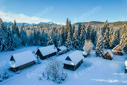 Preview: Jurgow Shepherd Village near Zakopane in Winter Snow. Drone Aerial view