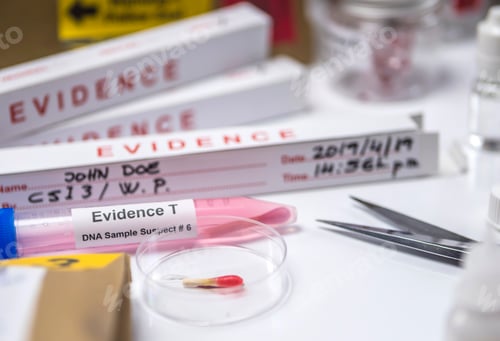 Preview: Hematological analysis with forensic test kit in a murder in a crime lab, conceptual image